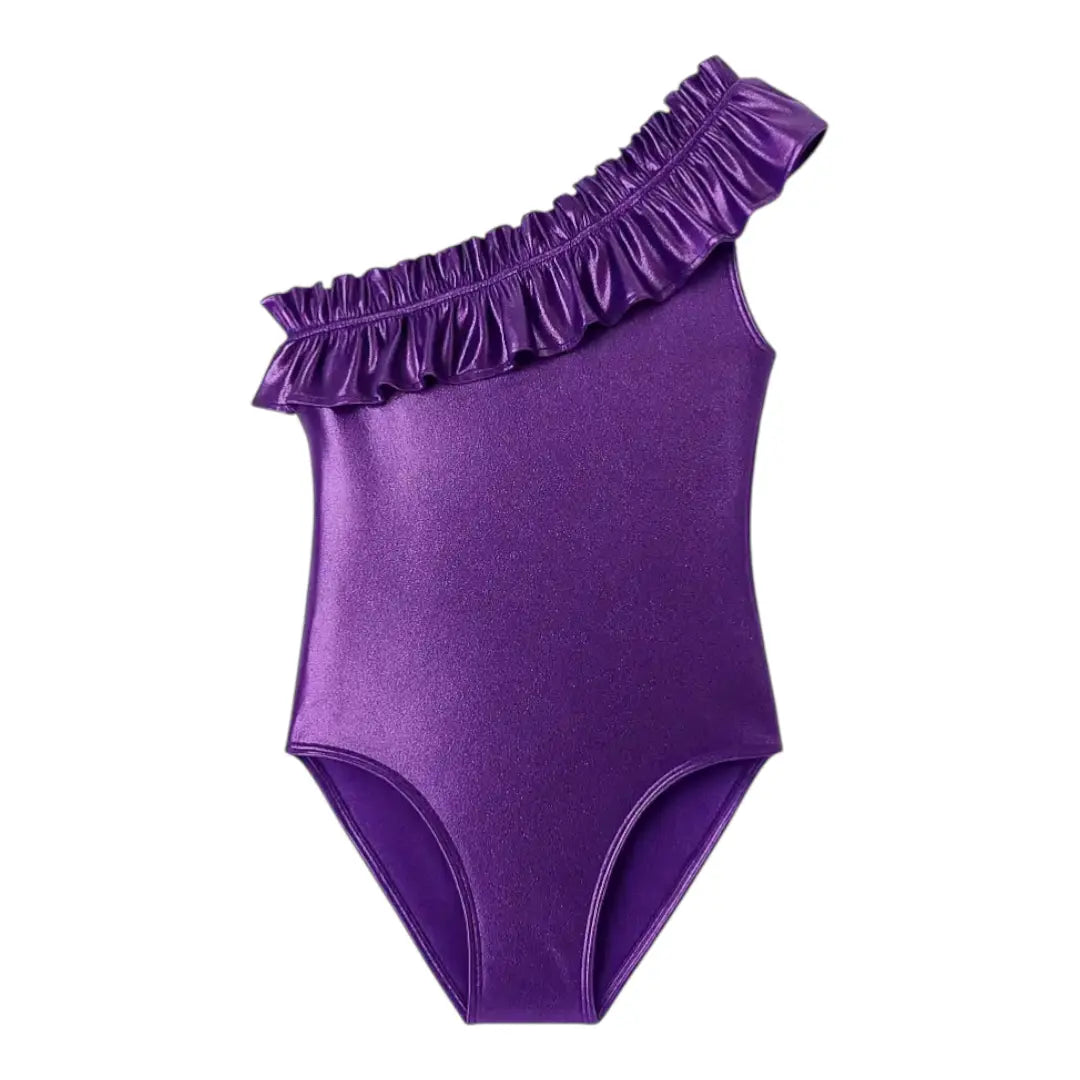 Metallic Purple One-Shoulder Ruffle Girls Swimsuit Lison Paris