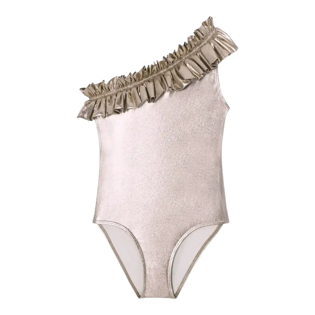 Champagne Metallic One-Shoulder Ruffle Girls Swimsuit Lison Paris
