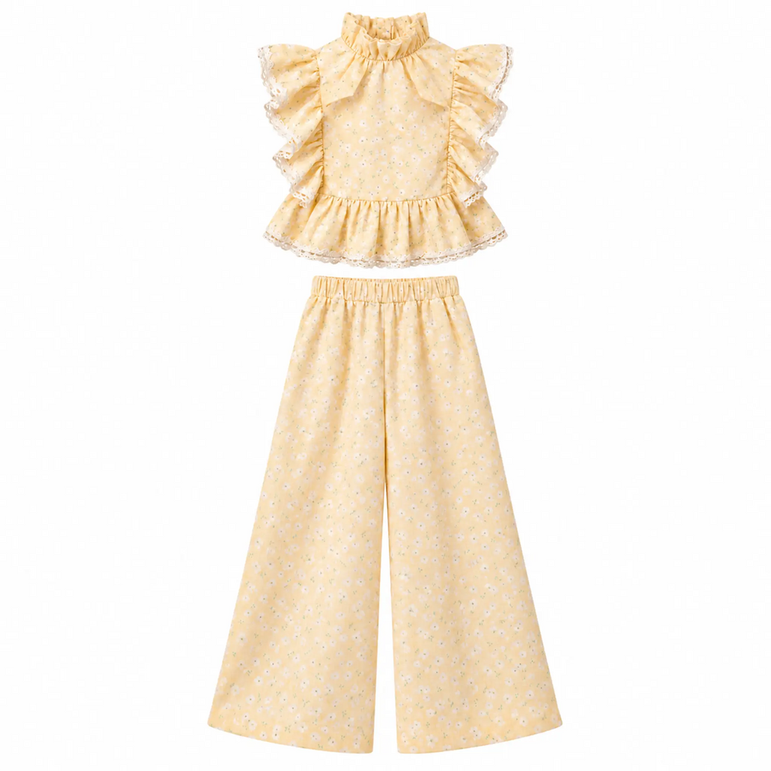 Mimi Yellow linen-blend floral top and matching wide trousers — vertical product-only image, white background