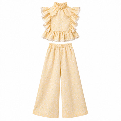 Mimi Yellow linen-blend floral top and matching wide trousers — vertical product-only image, white background