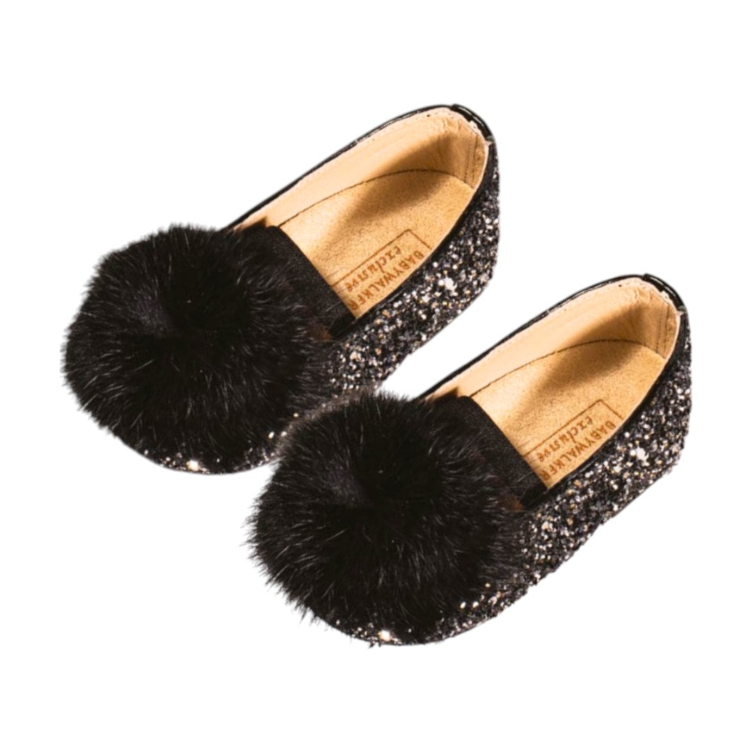 Pon Pon Glitter Fabric Ballerinas Black