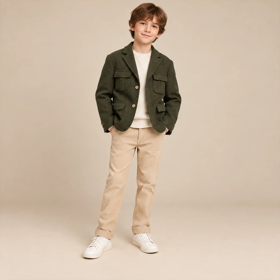 Green blazer lookbook, boy size 10Y, front