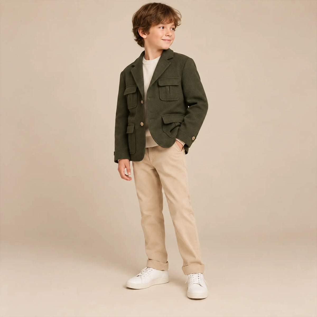 Green blazer lookbook, boy size 10Y, side pose