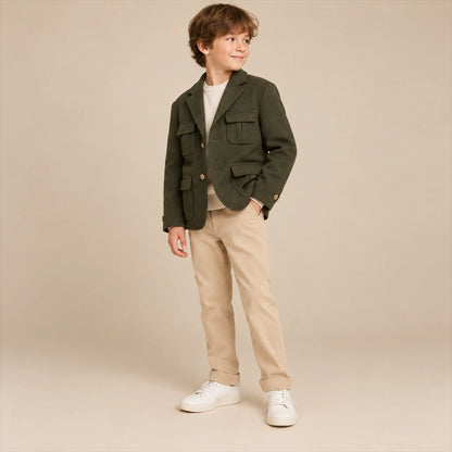 Green blazer lookbook, boy size 10Y, side pose