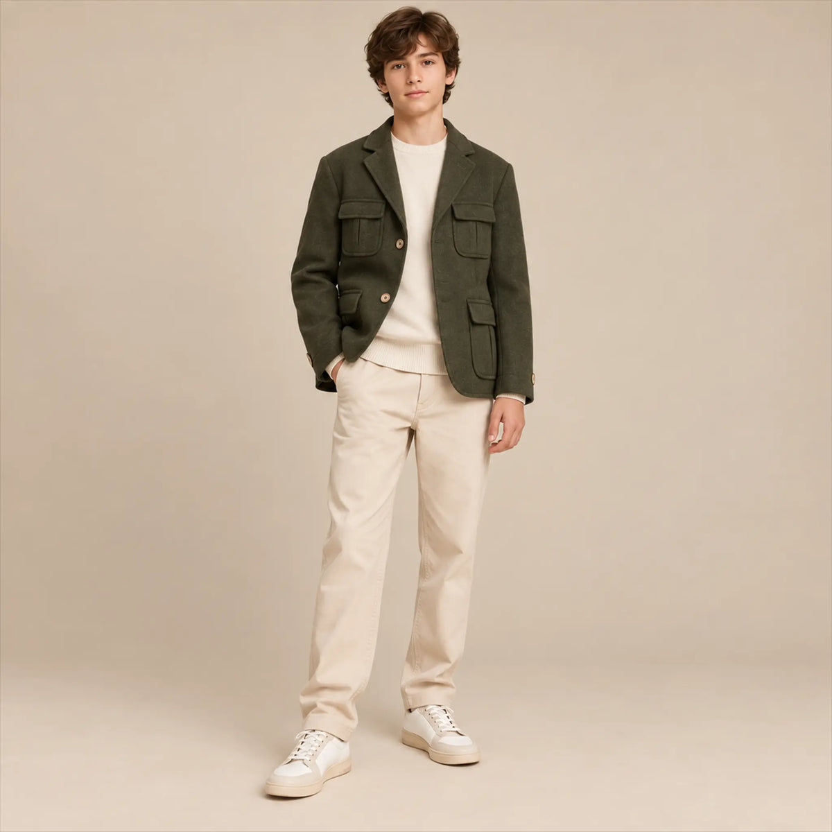 Green blazer lookbook, boy size 14Y, front