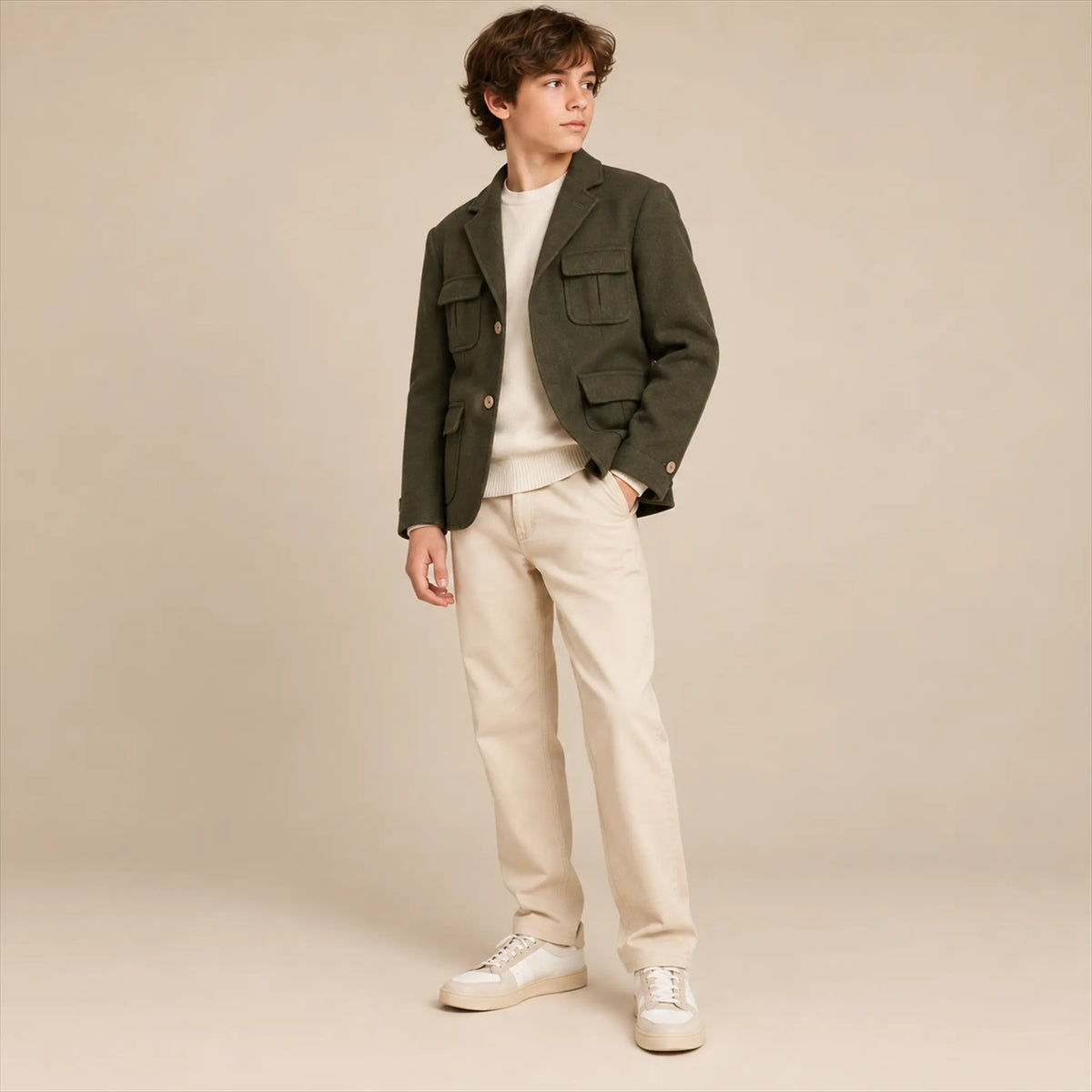 Green blazer lookbook, boy size 14Y, side pose