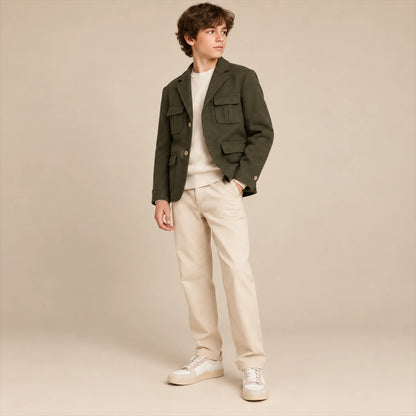 Green blazer lookbook, boy size 14Y, side pose