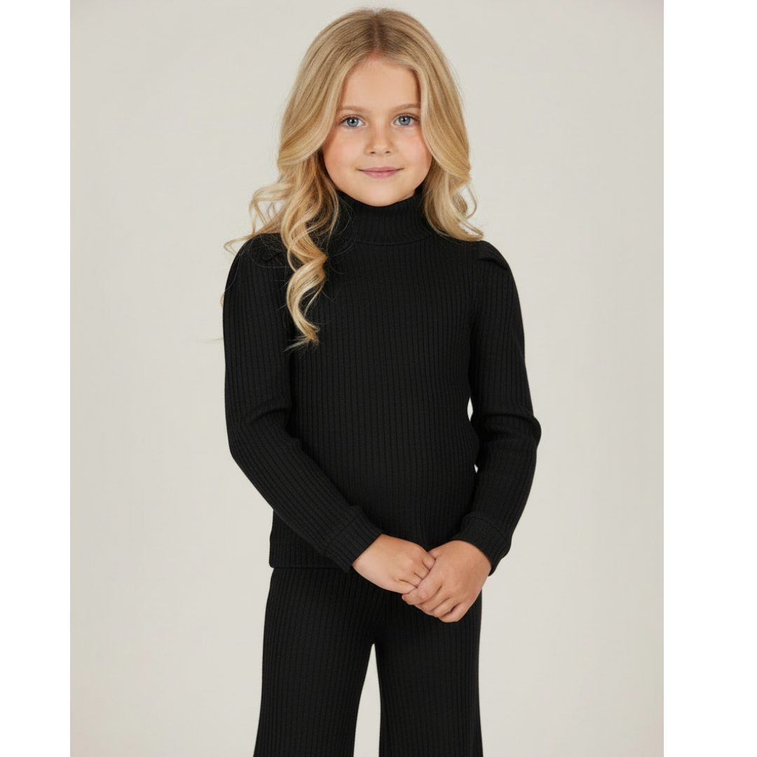 Girls Ribbed T-shirt &amp; Leggings - Black