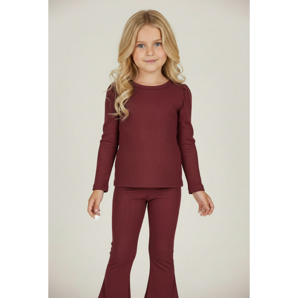 Baby Girl Ribbed T-shirt & Flared Leggings - Burgundy