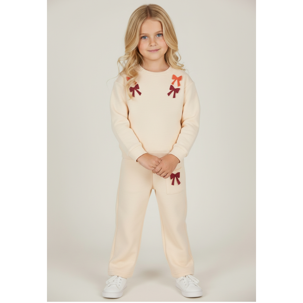 100% Organic Cotton Sweatshirt With Bows & Sweatpants - Sand