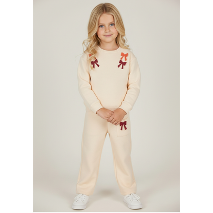 100% Organic Cotton Sweatshirt With Bows &amp; Sweatpants - Sand