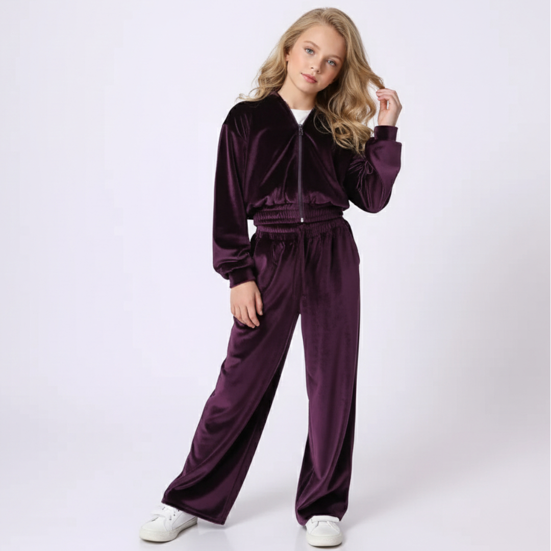 Girls Velvet Hoodie Set - Burgundy