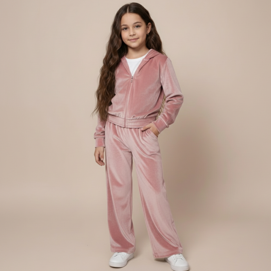 Girls Velvet Hoodie Set  - Pink