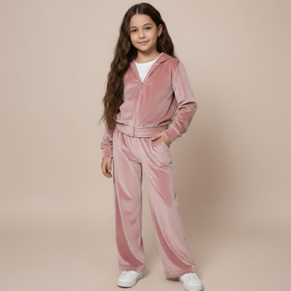 Girls Velvet Hoodie Set  - Pink