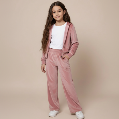 Girls Velvet Hoodie Set  - Pink