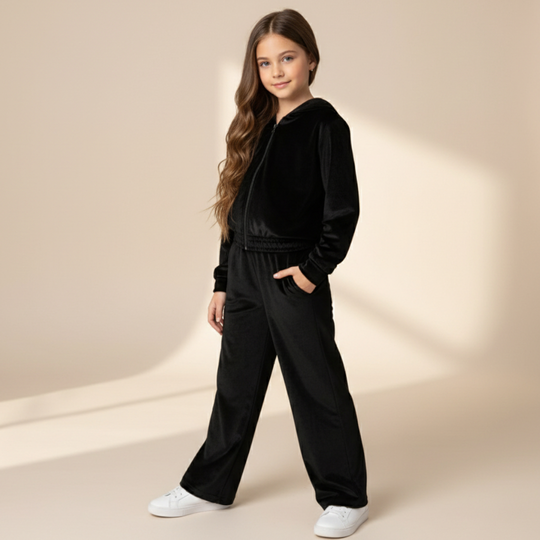 Girls Velvet Hoodie Set  - Black