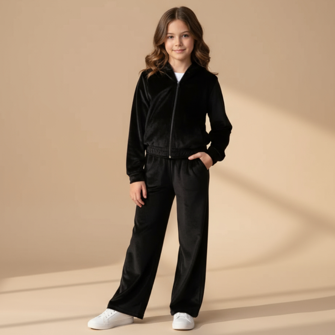 Girls Velvet Hoodie Set  - Black