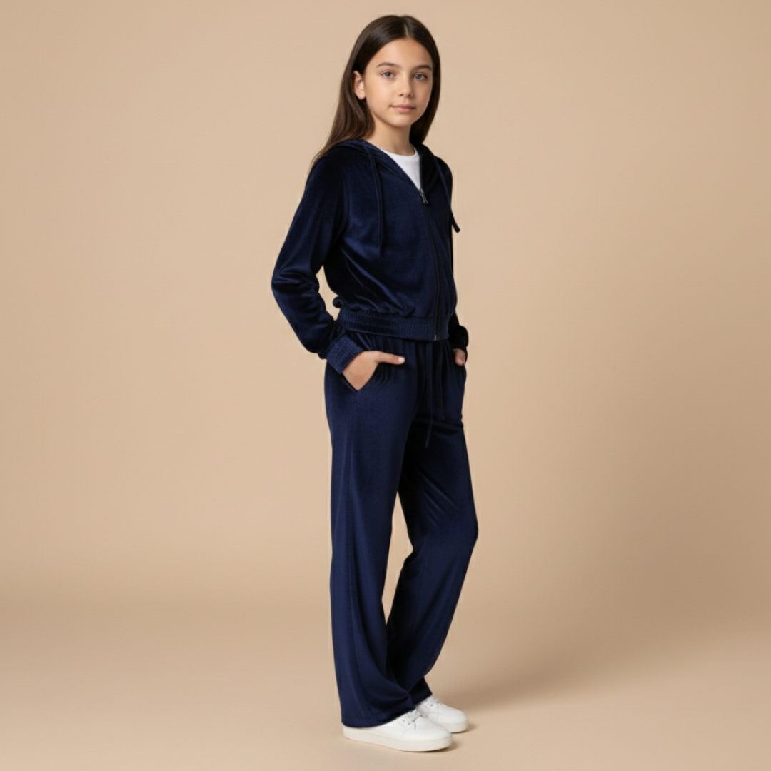 Girls Velvet Hoodie Set  - Navy