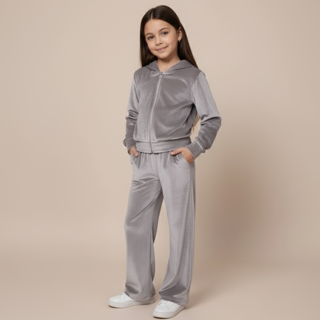 Girls Velvet Hoodie Set  - Grey