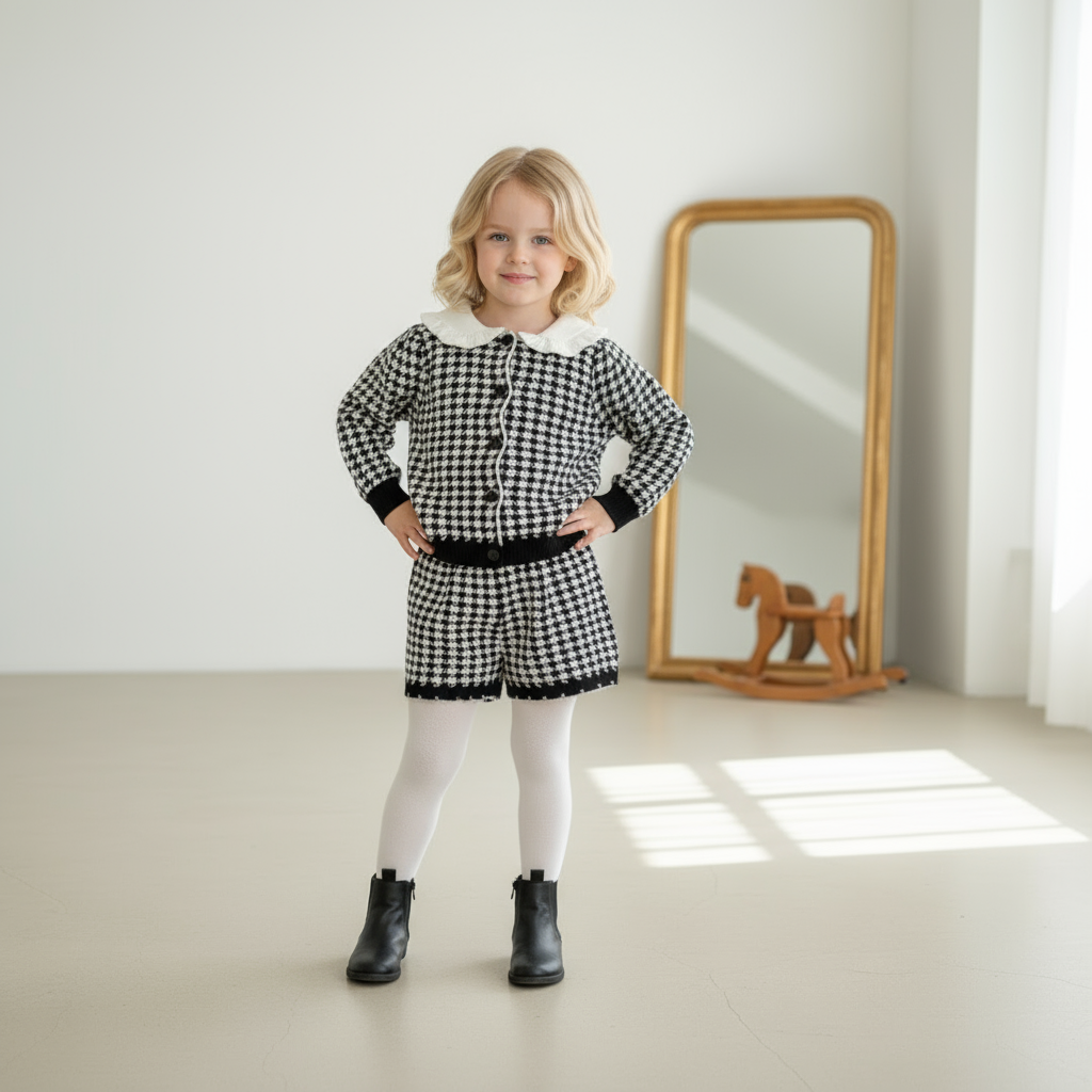 Elara Houndstooth Knit Set - Black