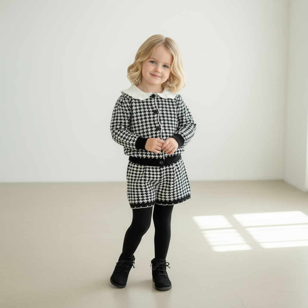 Elara Houndstooth Knit Set - Black