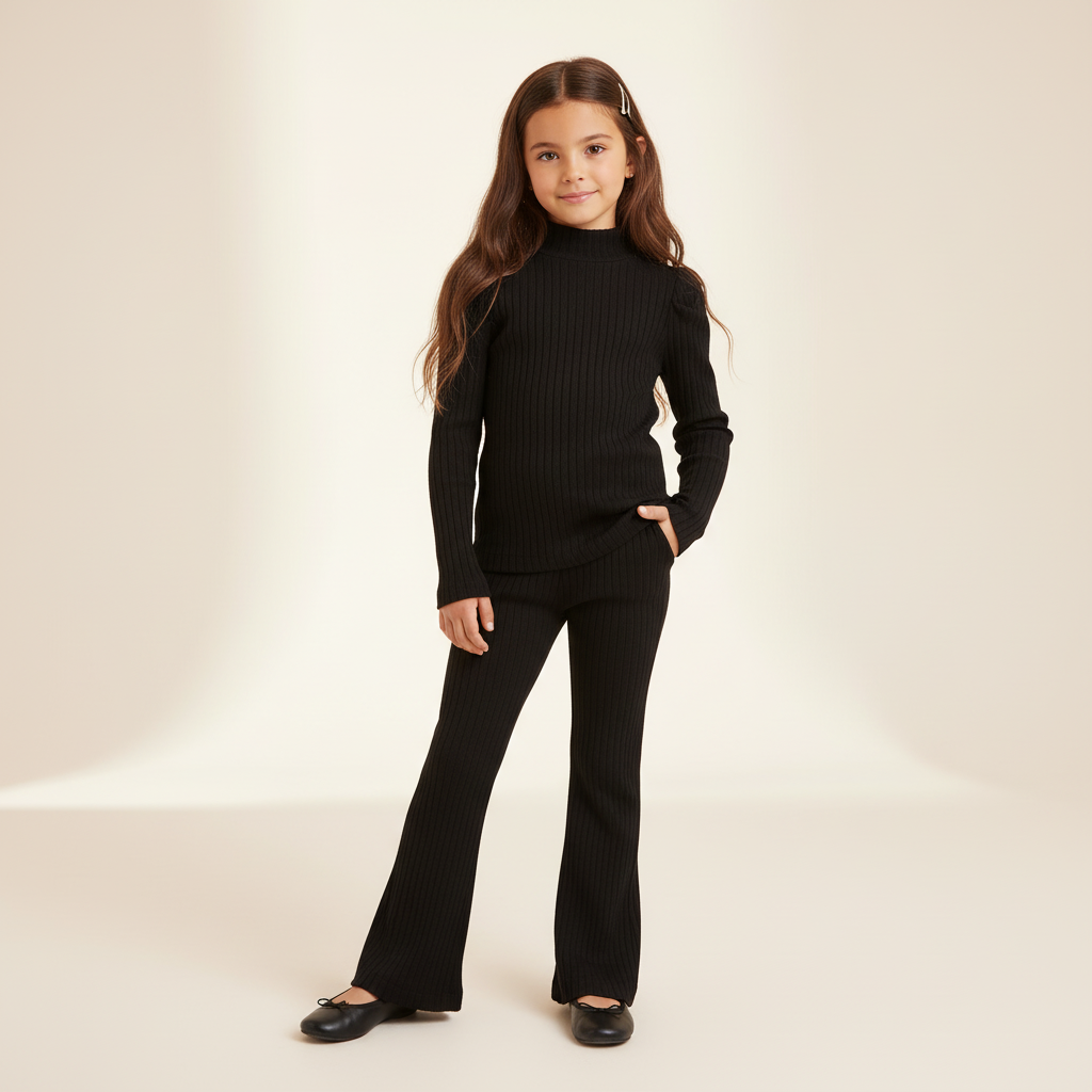 Girls Ribbed T-shirt &amp; Leggings - Black
