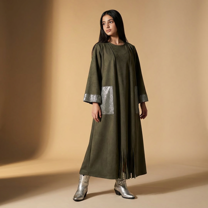 Zayna Olive Suede Fringe Set