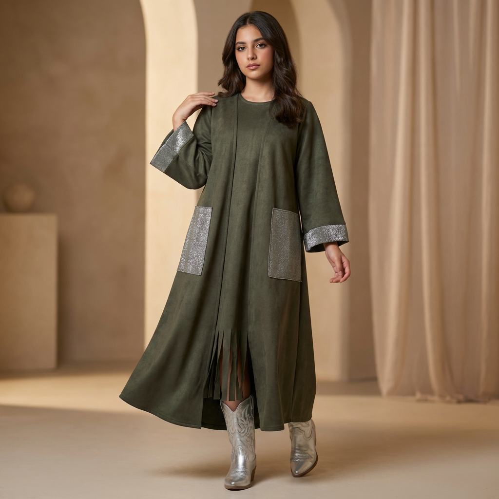 Zayna Olive Suede Fringe Set