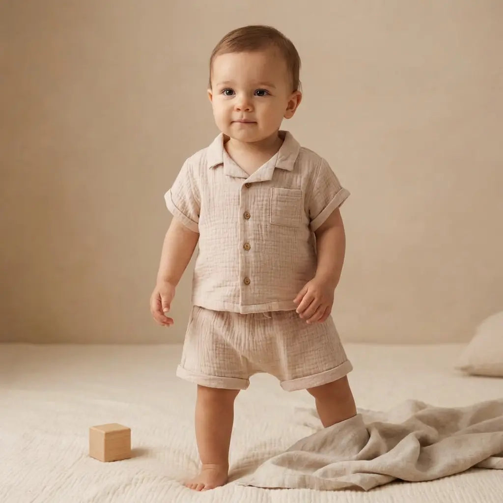 Organic Cotton Two Piece Shorts Set - Beige TEDDY &amp; MINOU