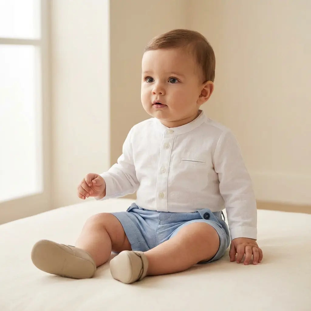 100% White Linen Baby Shirt &amp; Sky Blue Shorts TARTINE ET CHOCOLAT