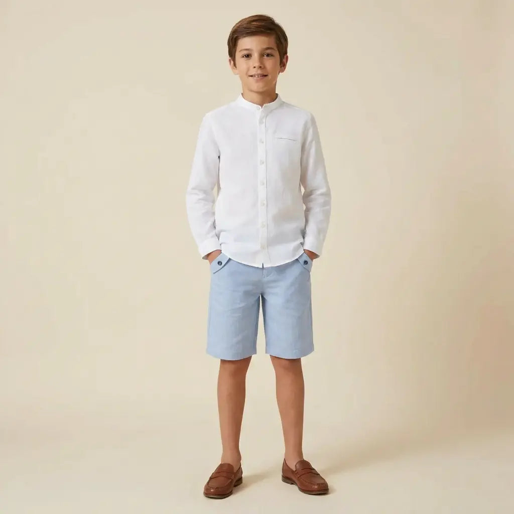 100% White Linen Chinese Collar Shirt &amp; Sky Blue Shorts TARTINE ET CHOCOLAT