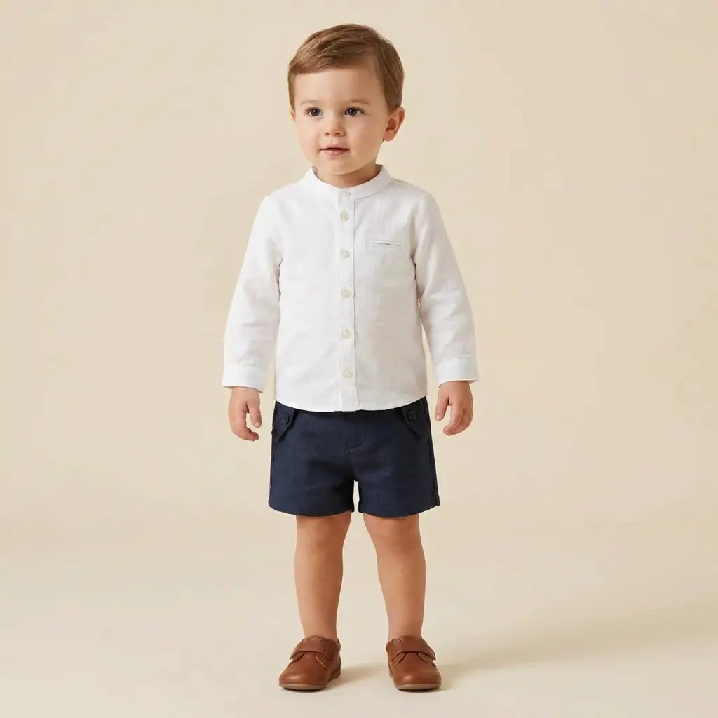 100% White Linen Baby Shirt &amp; Navy Shorts TARTINE ET CHOCOLAT