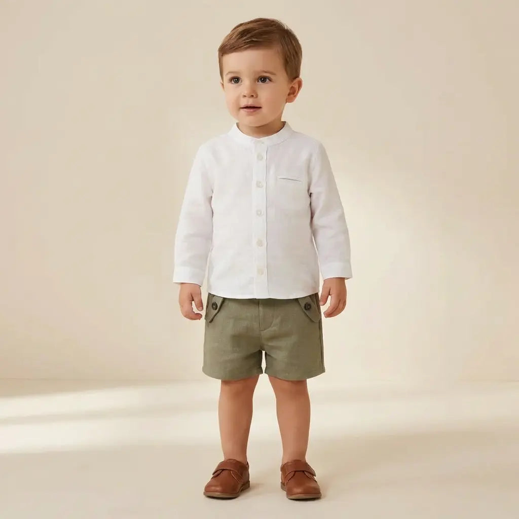 100% White Linen Baby Shirt &amp; Green Shorts TARTINE ET CHOCOLAT