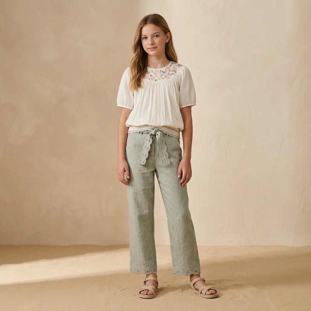 Girls Hand Embroidered Top &amp; 100% Linen Embroidery Trousers TARTINE ET CHOCOLAT
