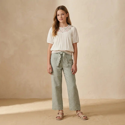 Girls Hand Embroidered Top &amp; 100% Linen Embroidery Trousers TARTINE ET CHOCOLAT