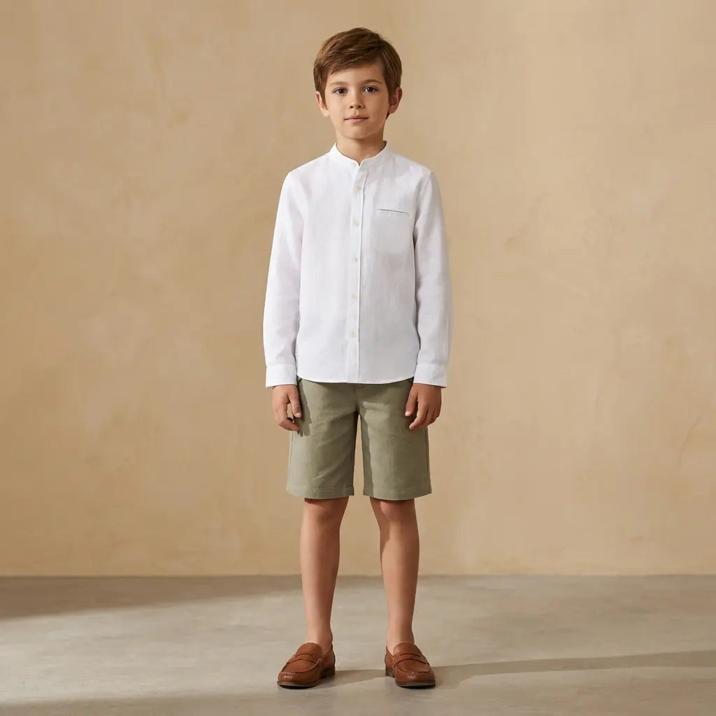 100% White Linen Chinese Collar Shirt &amp; Green Shorts TARTINE ET CHOCOLAT