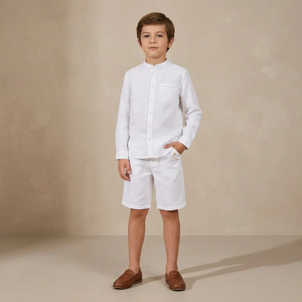 100% White Linen Chinese Collar Shirt &amp; White Shorts TARTINE ET CHOCOLAT
