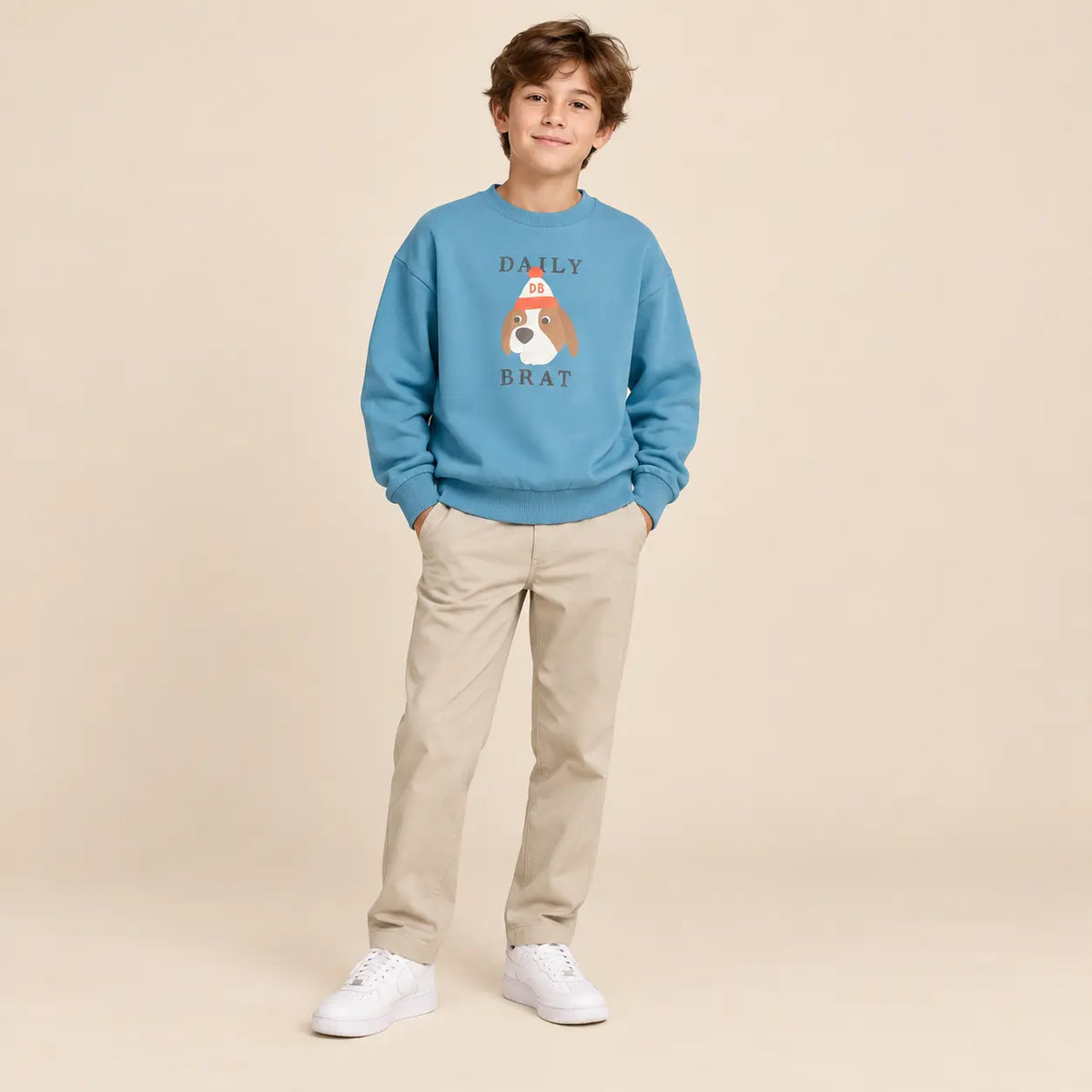 Quirky dog sweater snow blue - 12Y boy lookbook pose 1