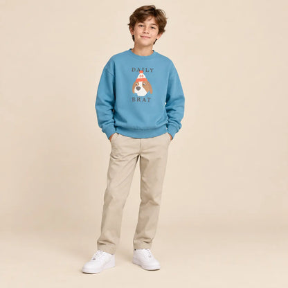 Quirky dog sweater snow blue - 12Y boy lookbook pose 1