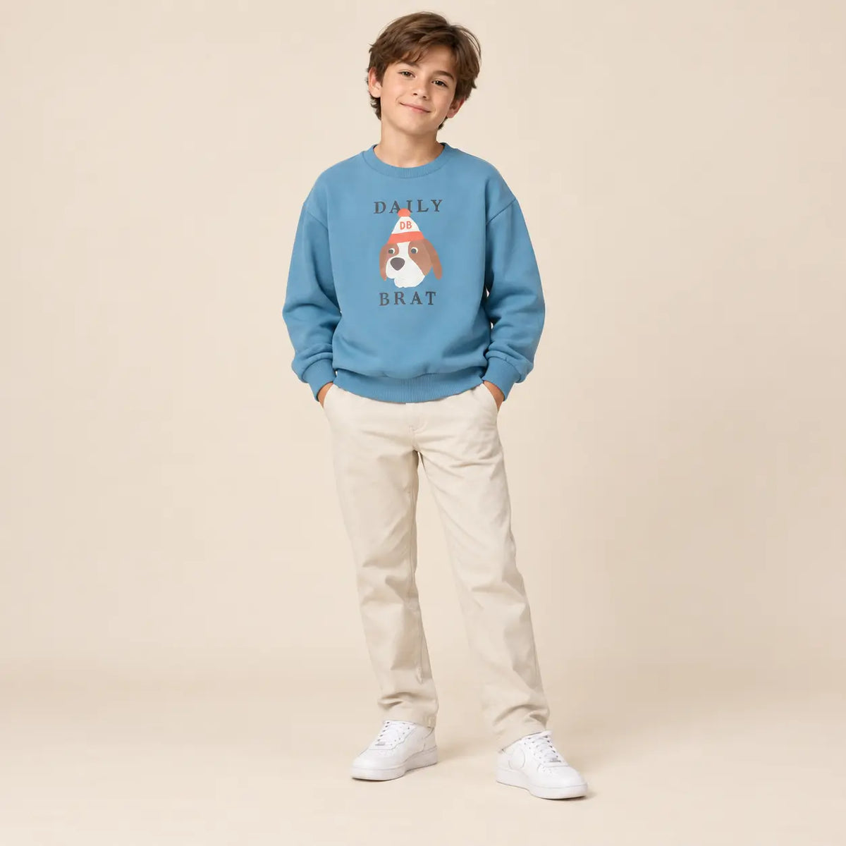 Quirky dog sweater snow blue - 12Y boy lookbook pose 2