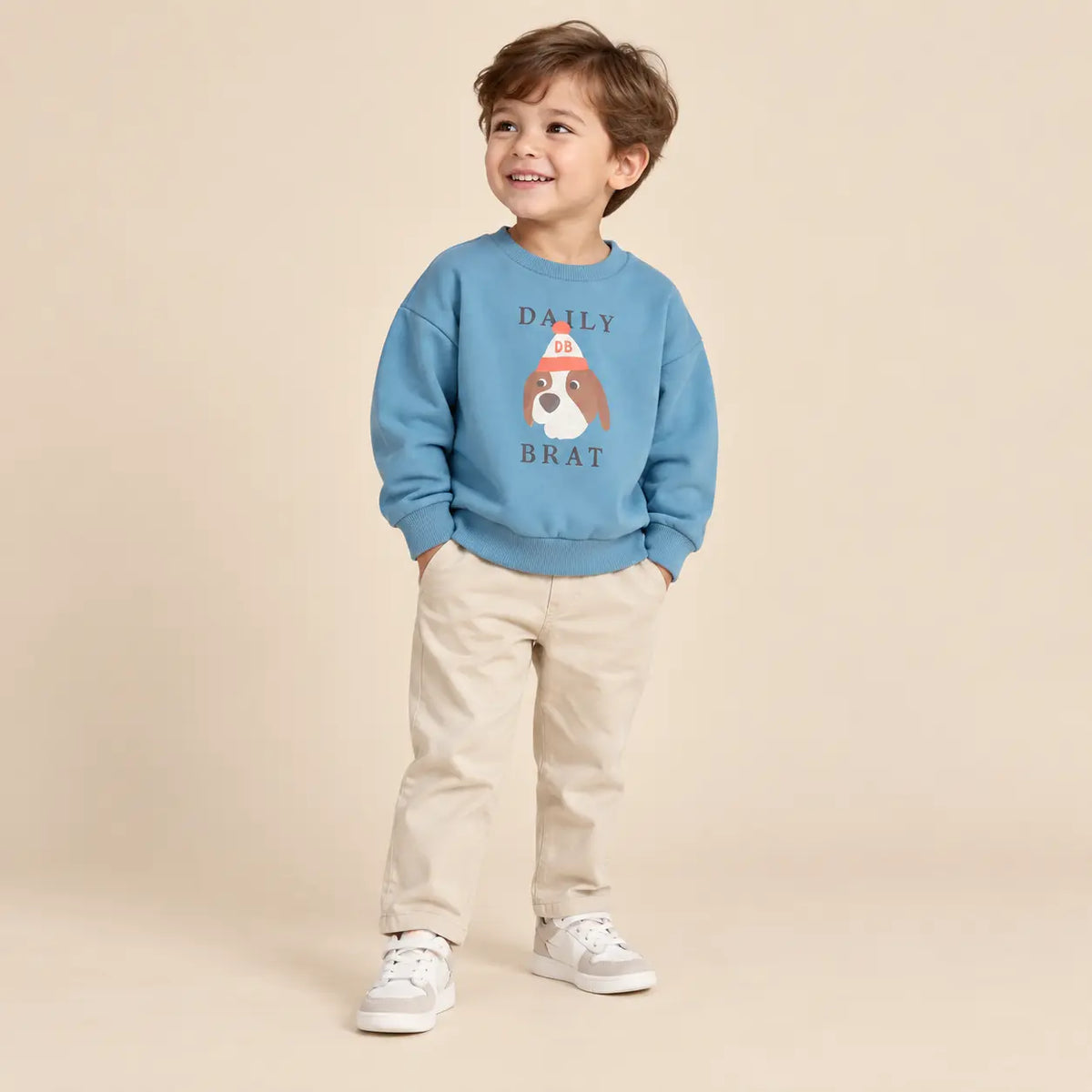 Quirky dog sweater snow blue - 3Y boy lookbook pose 2