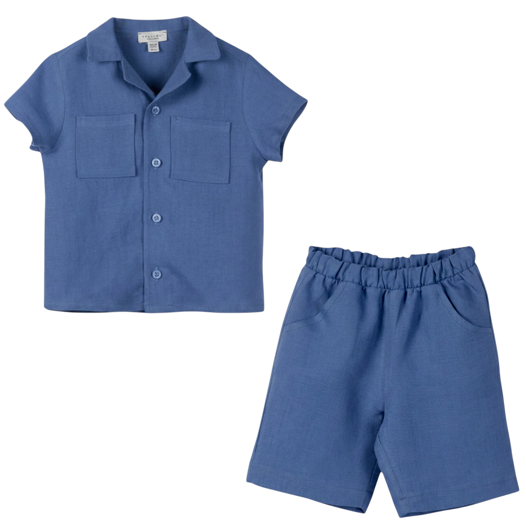 Boys Aegea Blue Linen Button-Down Shirt &amp; Bermuda Shorts Set