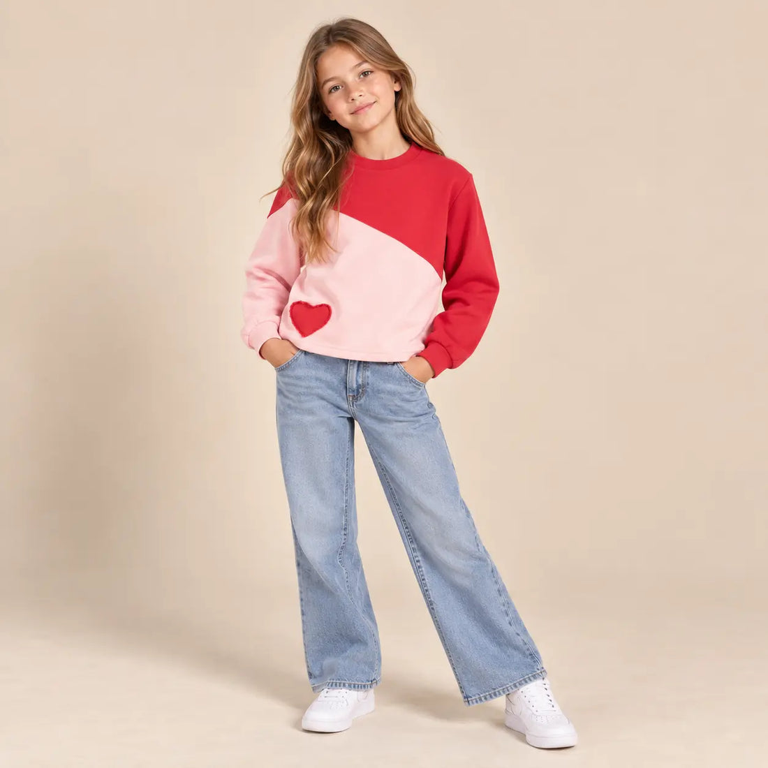 10 year girl wearing Red &amp; Pink Organic Cotton Sweatshirt With Heart