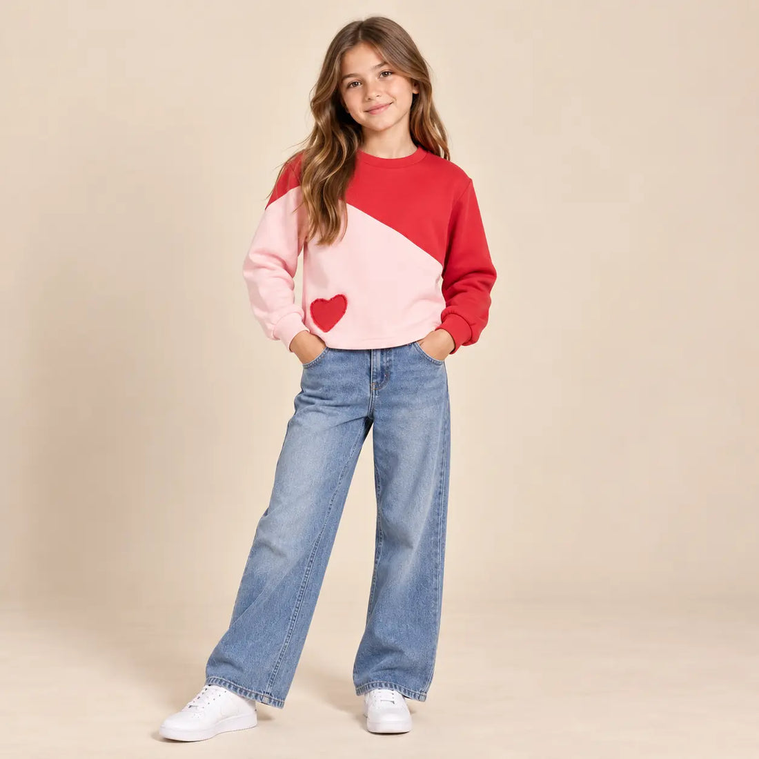 10 year girl wearing Red &amp; Pink Organic Cotton Sweatshirt With Heart second pose