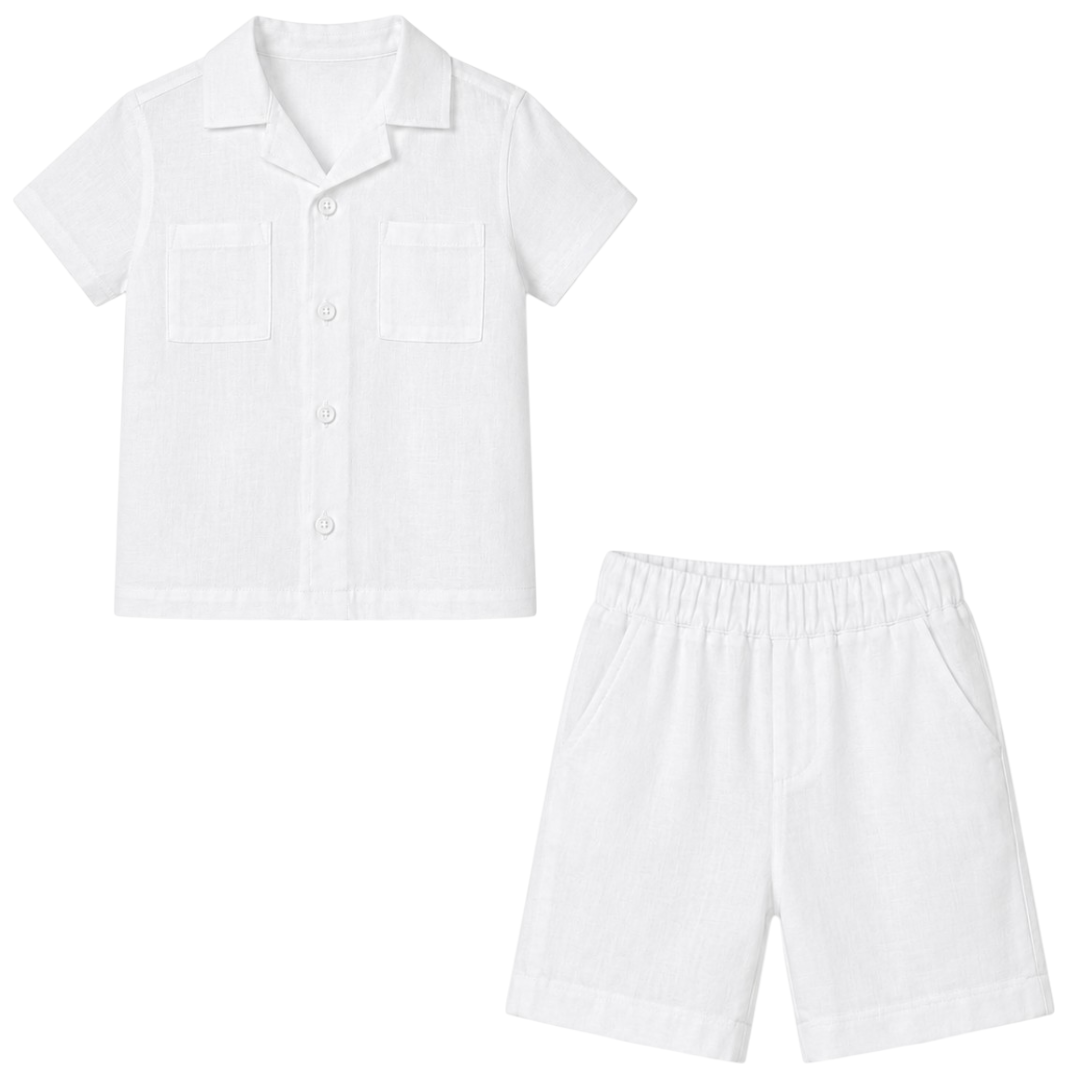 Boys White Linen Button-Down Shirt &amp; Bermuda Shorts Set