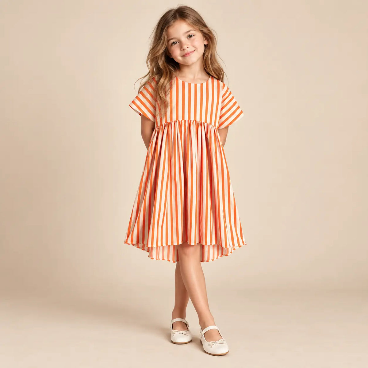 7-8 year girl wearing Silvia Orange Stripes Dress