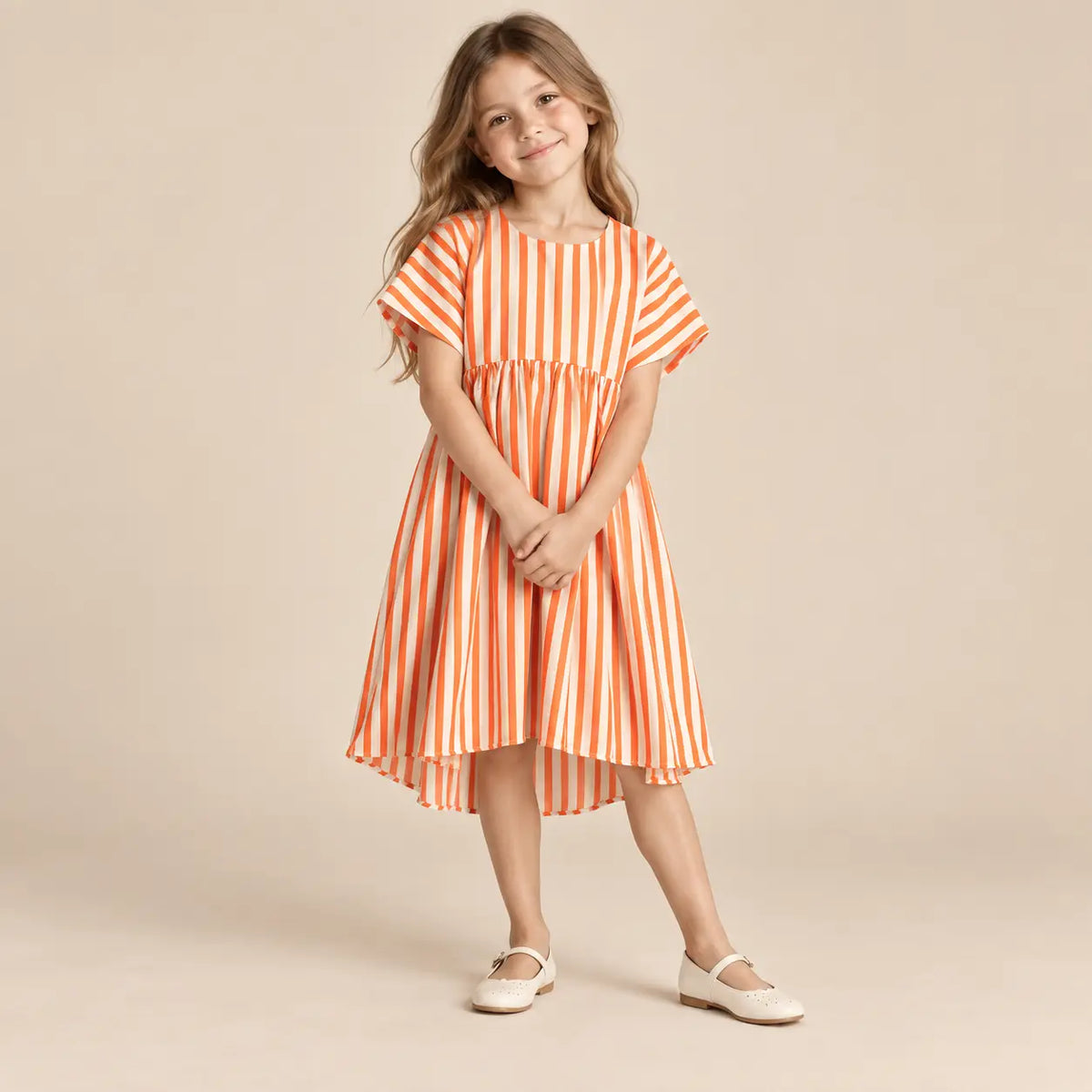 7-8 year girl wearing Silvia Orange Stripes Dress second pose