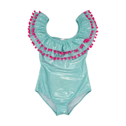 Sissi Aqua Glitter Hot Pink Pompon One Piece
