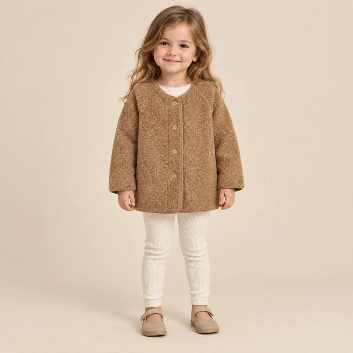 Teddy bomber jacket camel - 3Y girl lookbook pose 1
