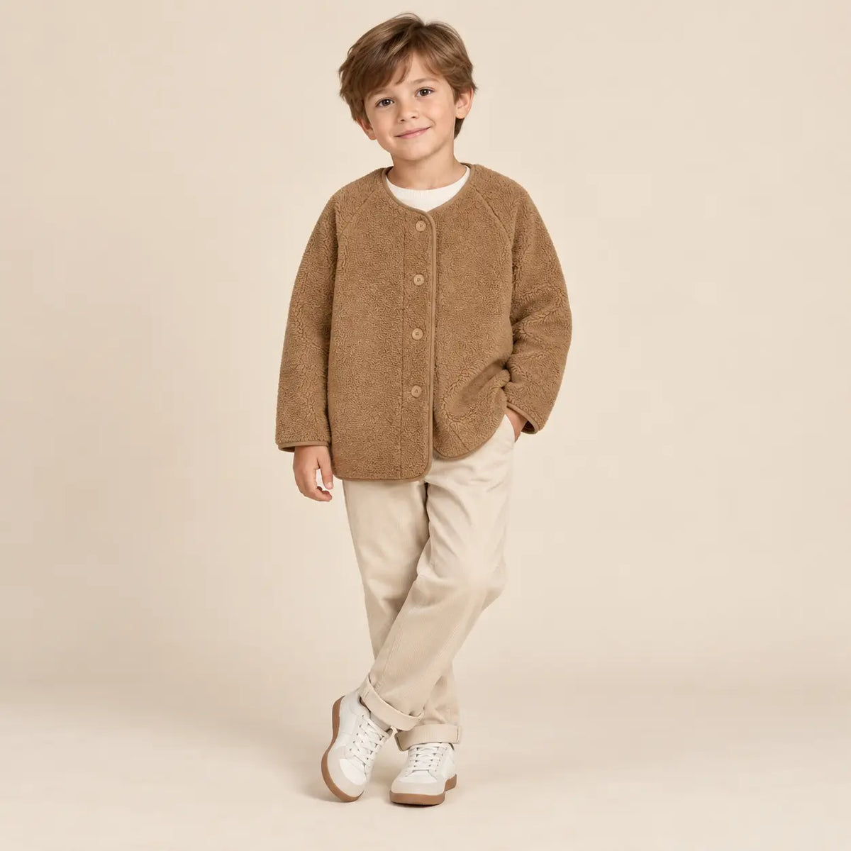 Teddy bomber jacket camel - 6Y boy lookbook pose 1